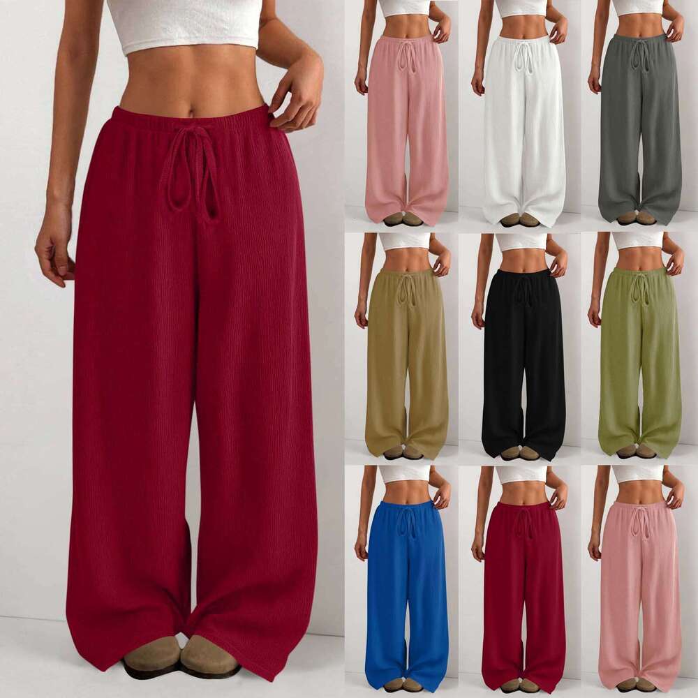 Amazon Cross-Border European And American New Style Women's Solid Color Loose Bark Wrinkle Draped Waist Drawstring Wide-Leg Casual Long Pants aef
