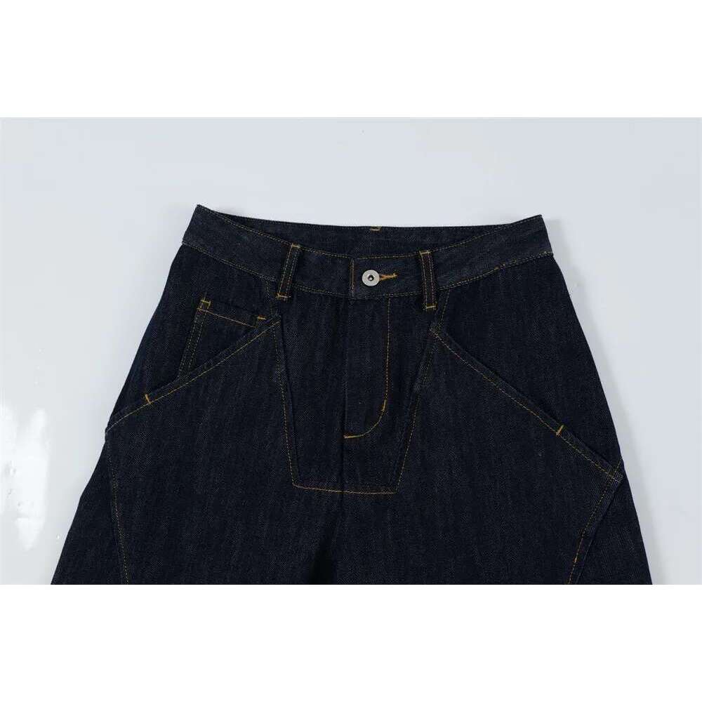 Spliced Pocket Denim Pants Mens Top Solid Color High Street Loose Wide Leg Washed Jeans Men