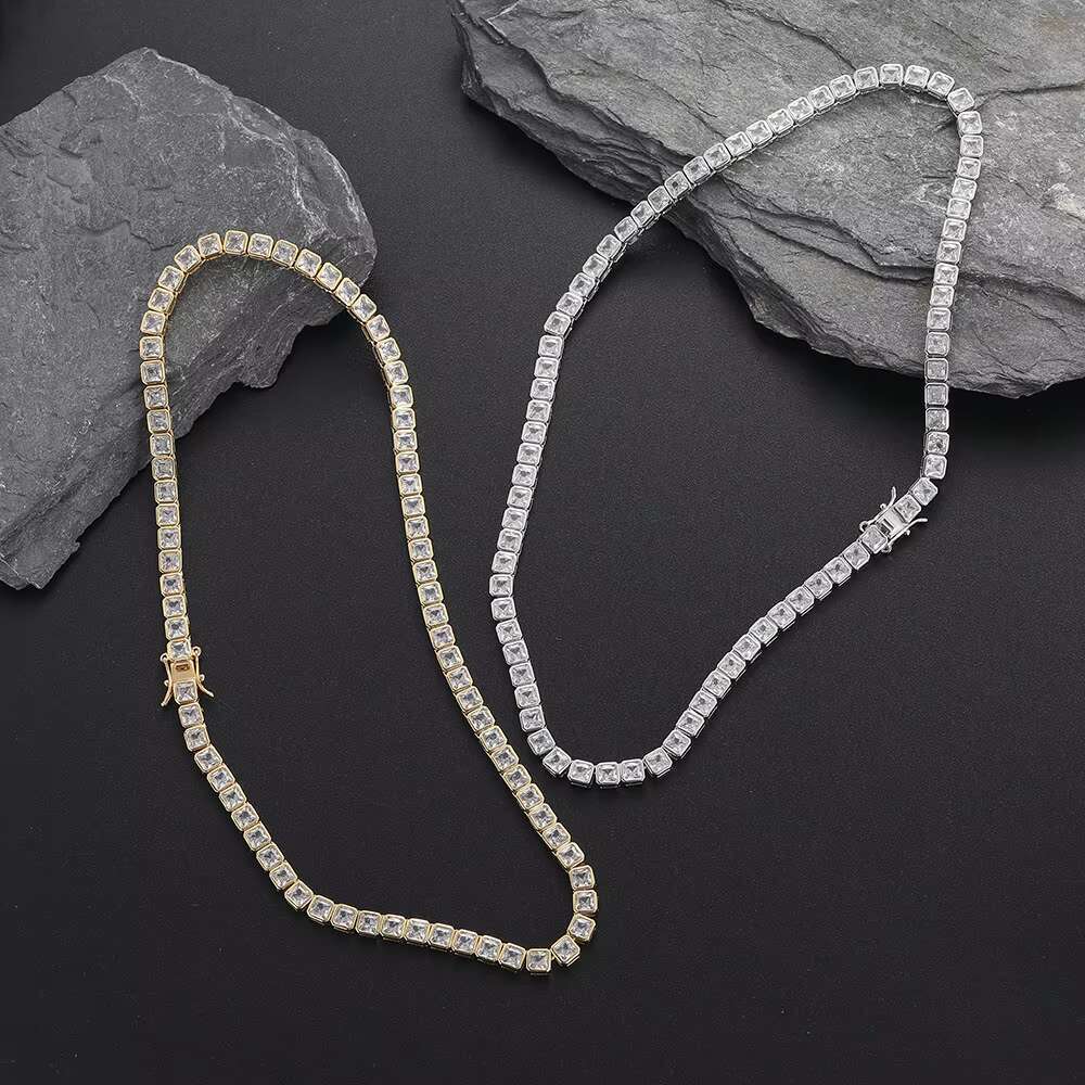 Gold Plated Asscher Cut Zirconia Tennis Chain Men 4x4mm Single Row Micro Inlaid Copper Zircon Hip Hop Style Brass Necklace
