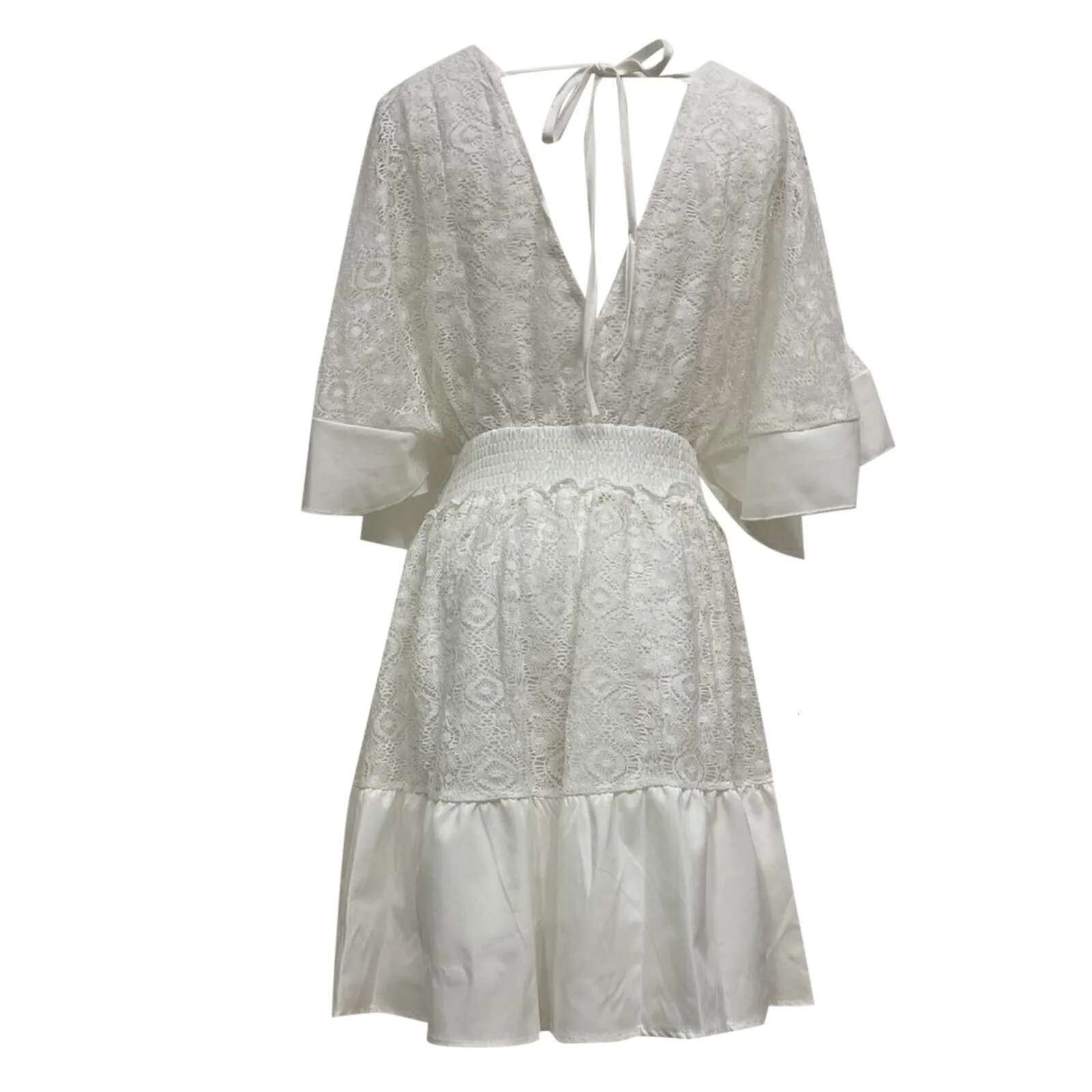 Dongdumaoyi Summer Fashion Dresses For Women Lace Crochet Casual Rustic Elegant Vintage Dress Solid Color V Neck Short