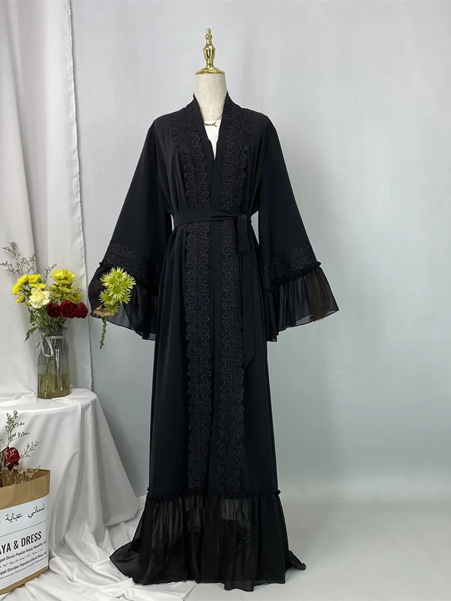 Ramadan Eid al Fitr Dubai Black Abayas Female Muslim Dress Ka Caftan Marocain Robe Kimono Kaftan Islamic Clothing 250409