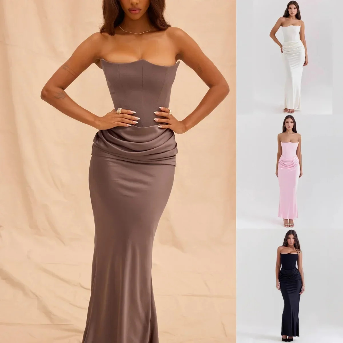 Mingmingxi Womens Evening Dress strapless pink ball party dress sexy satin long corset elegant Maxi Gala 250409