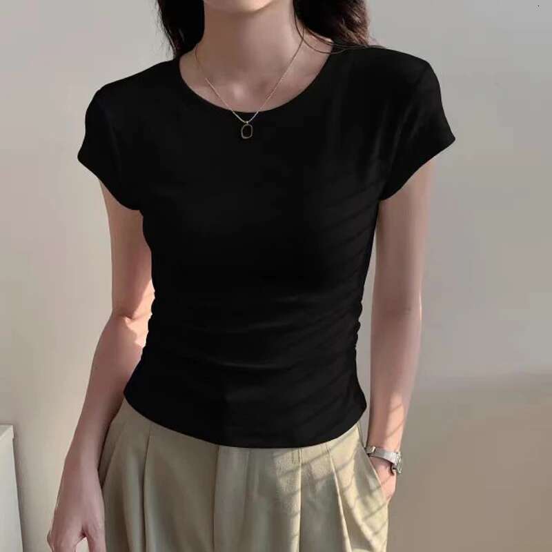 Summer 100% Cotton O Neck Sexy T Shirt Women Fashion Solid Color White Short Sleeve Tops Casual Skinny Slim Pullover Street Y2k