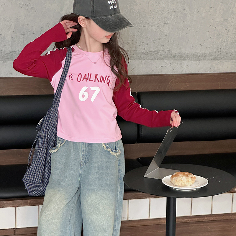 Ddmyshoesvip Girls Bottom Shirt New Girl S Large Color Blocked Long Sleeved T Shirt Children S Spring Korean Short Top
