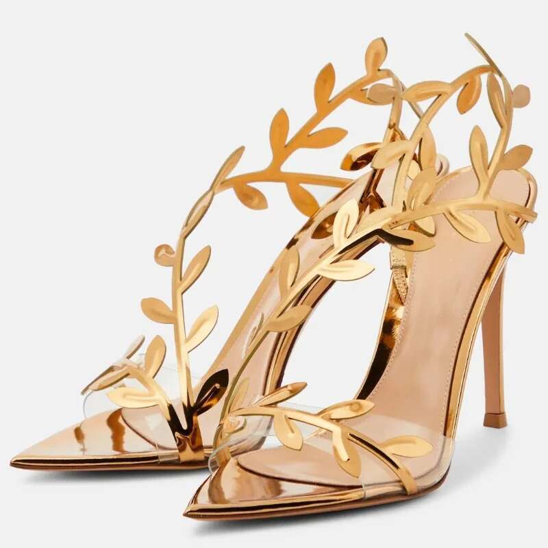 New Summer Women's Sandals, Golden Branches and Jade Leaves Shoes, Stiletto Pointed High-heeled Sandals