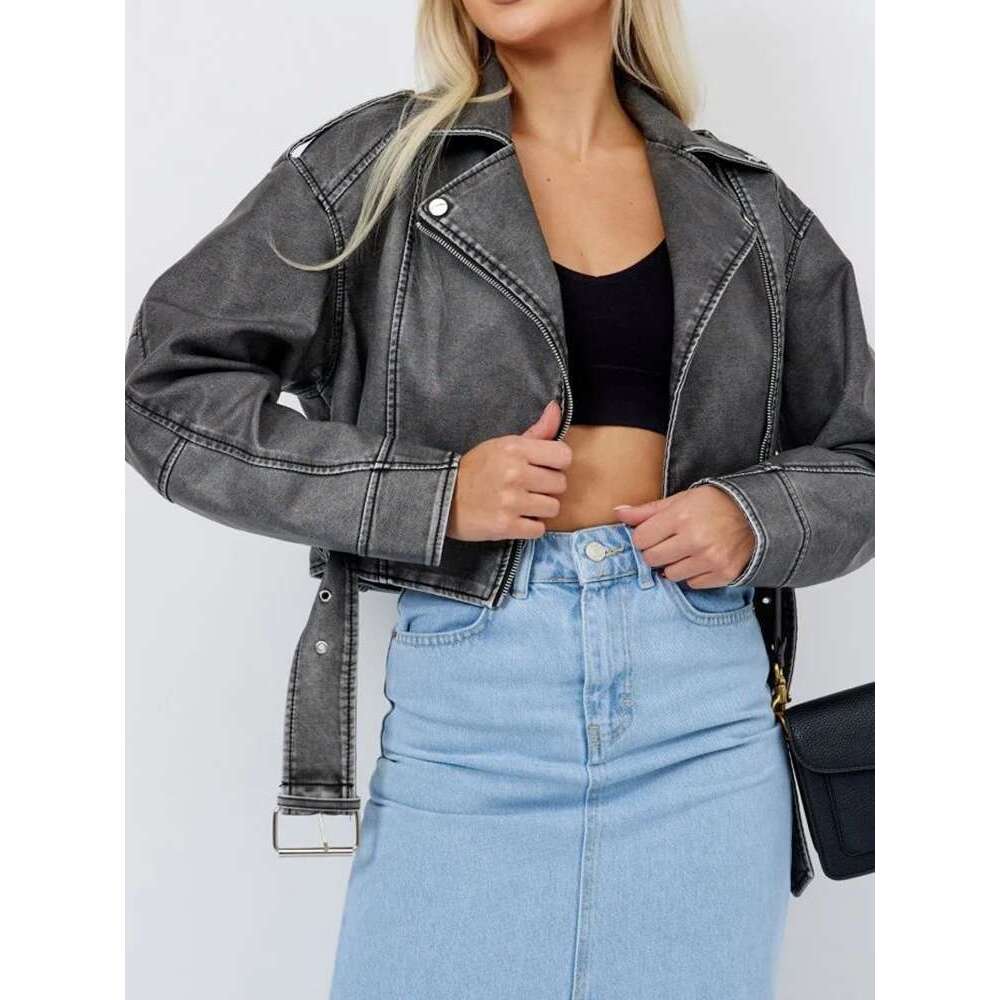 Aigo Streetwear Women Loose Retro Zipper Faux Leather Short Jacket With Belt Vintage Female Moto Biker Coat Chic Outwear