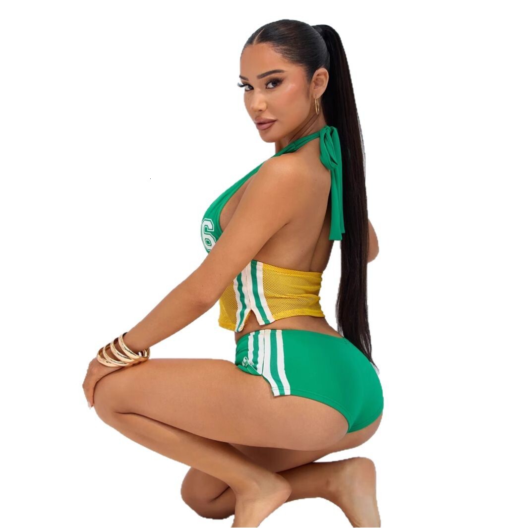 2025S Designer Women S Set New Fashion Women S Personalized Hanging Neck Printed Splicing Top Sexy Hip Pack Shorts Set