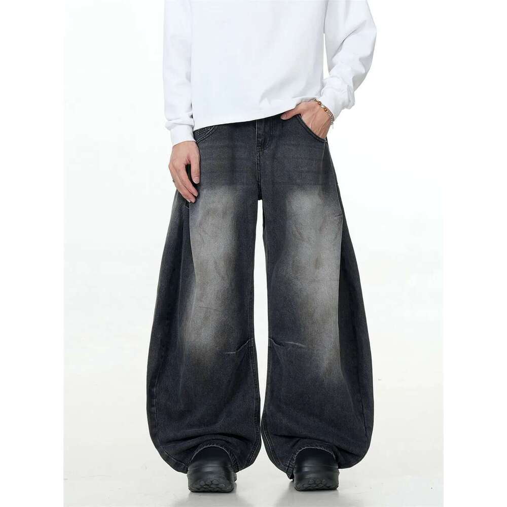 Dark Dirty Wash Jeans Mens Pleated High Street Loose Wide Leg Washed Distressed Denim Pants Men