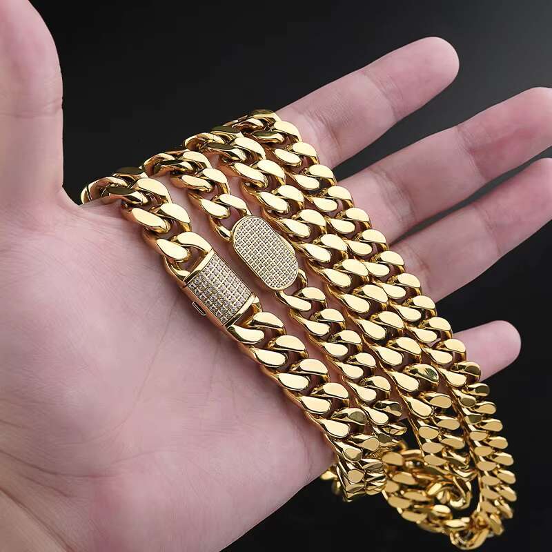 18k Gold Plated Jewelry Wholesale Hip Hop Stainless Steel Waterproof Cuban Chain Necklace Miami Cuban Chain