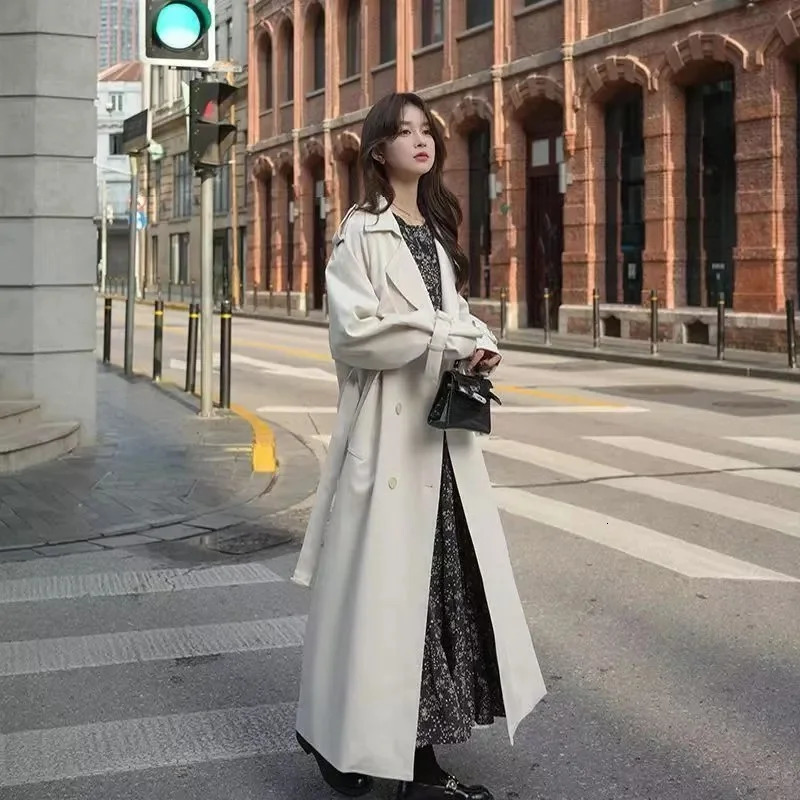 loose trench coat Midi length fashionable Korean elegant khaki black womens windproof casual double chest top 250409