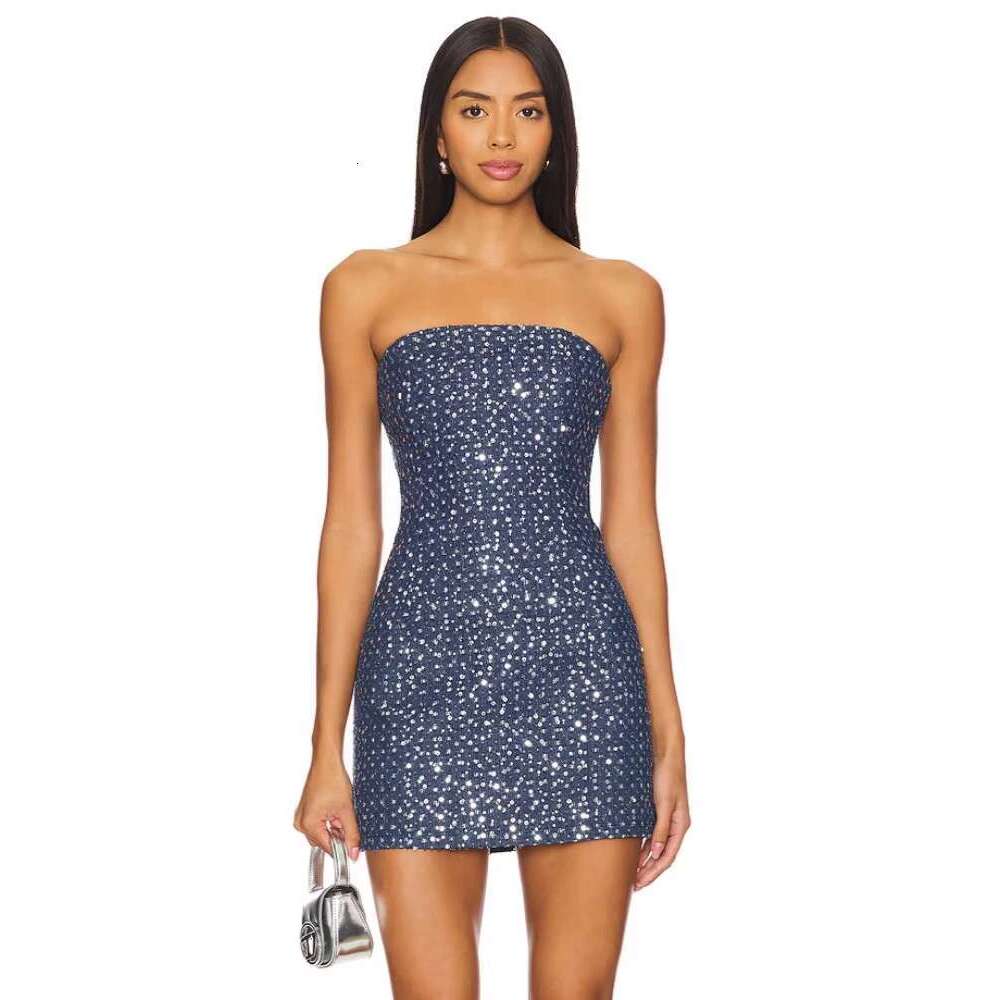 Sexy Strapless Denim Sequins Patchwork Mini Dress Women Blue Sleeveless High Waist Bodycon Dresses Nightclub Party Tail