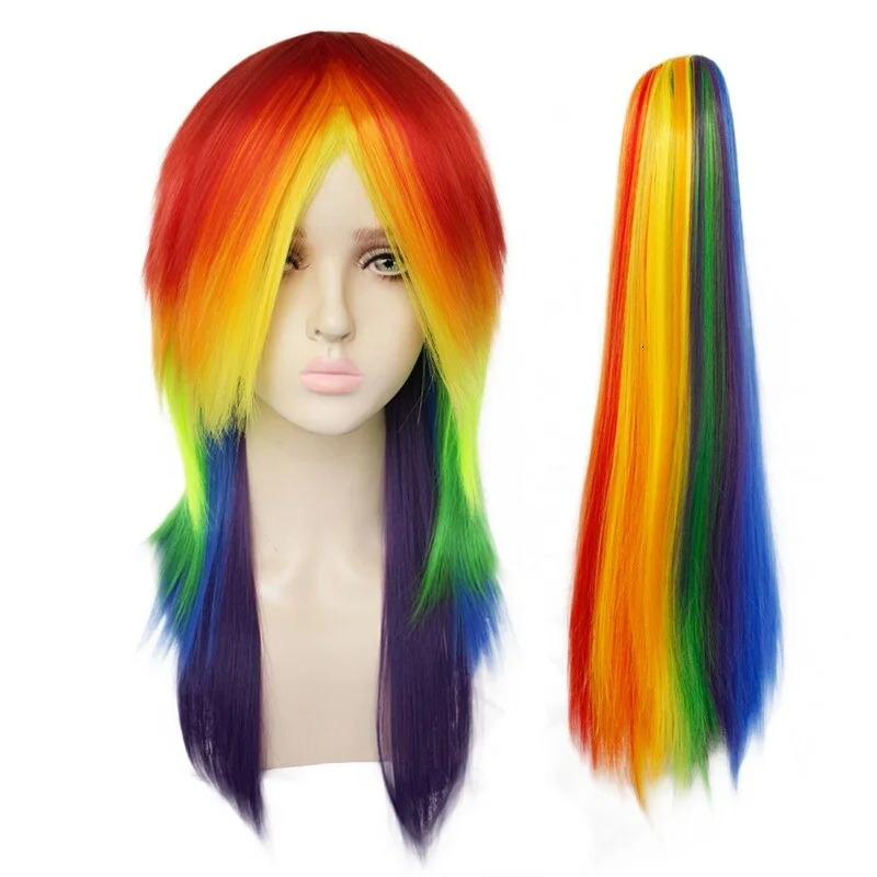 Womens long ponytail multi-color rainbow girl wig womenwig cap 250407