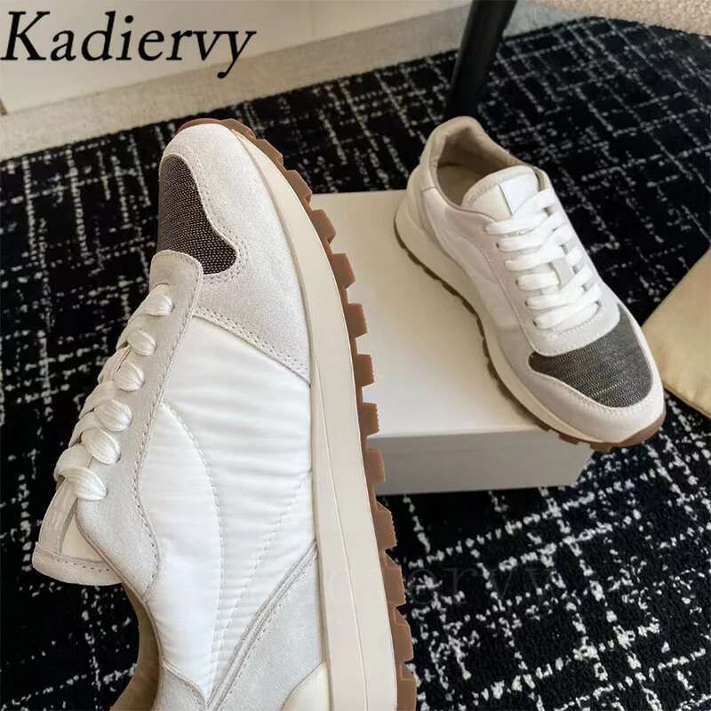 Sneakers For Women Round Toe Lace Up Running Female String Bead Cow Suede Patchwork Flat Sports Shoes Woman