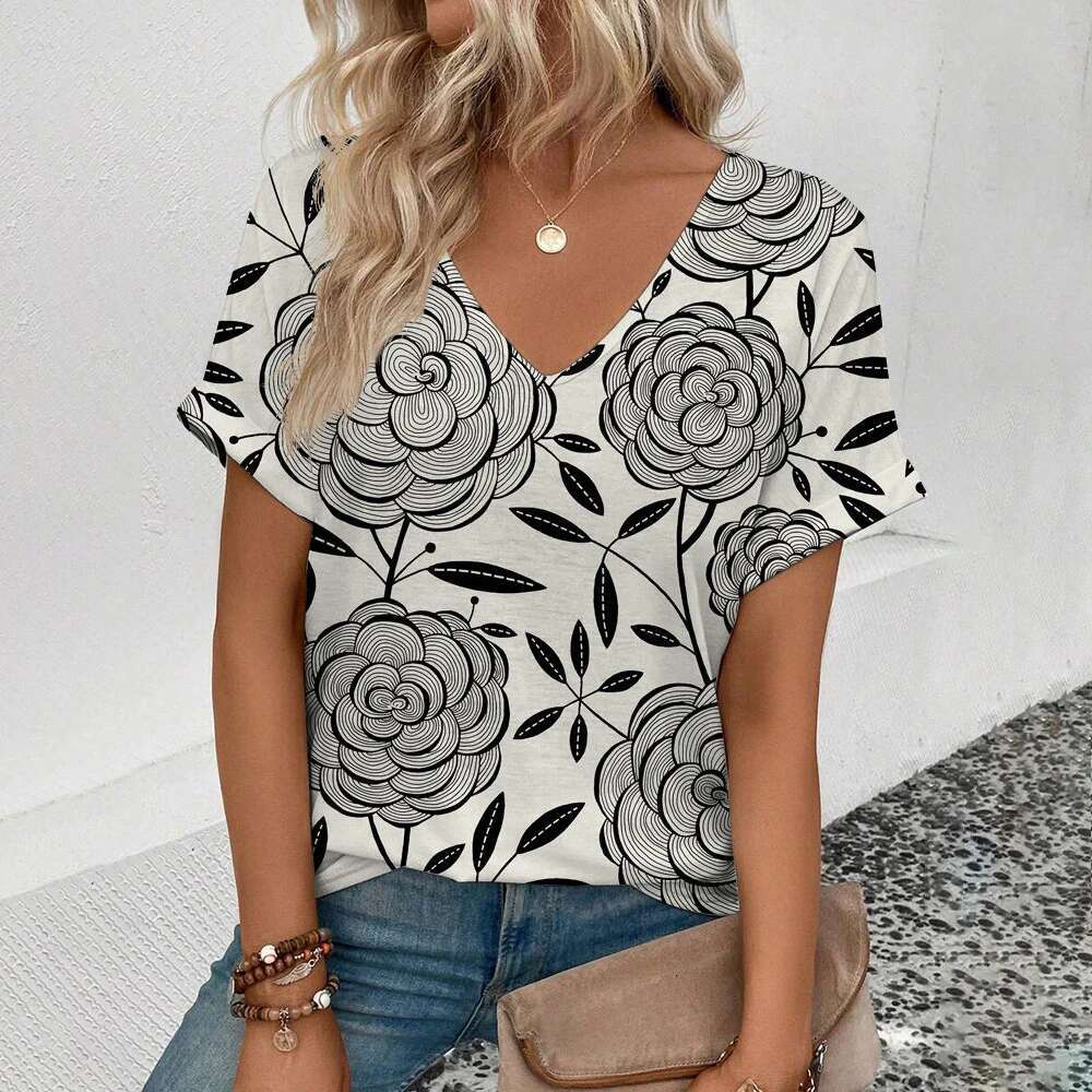 Elegant V-Neck Fashion ral Pattern Print Popular Women's Short Sleeve Summer Leisure T-Shirt