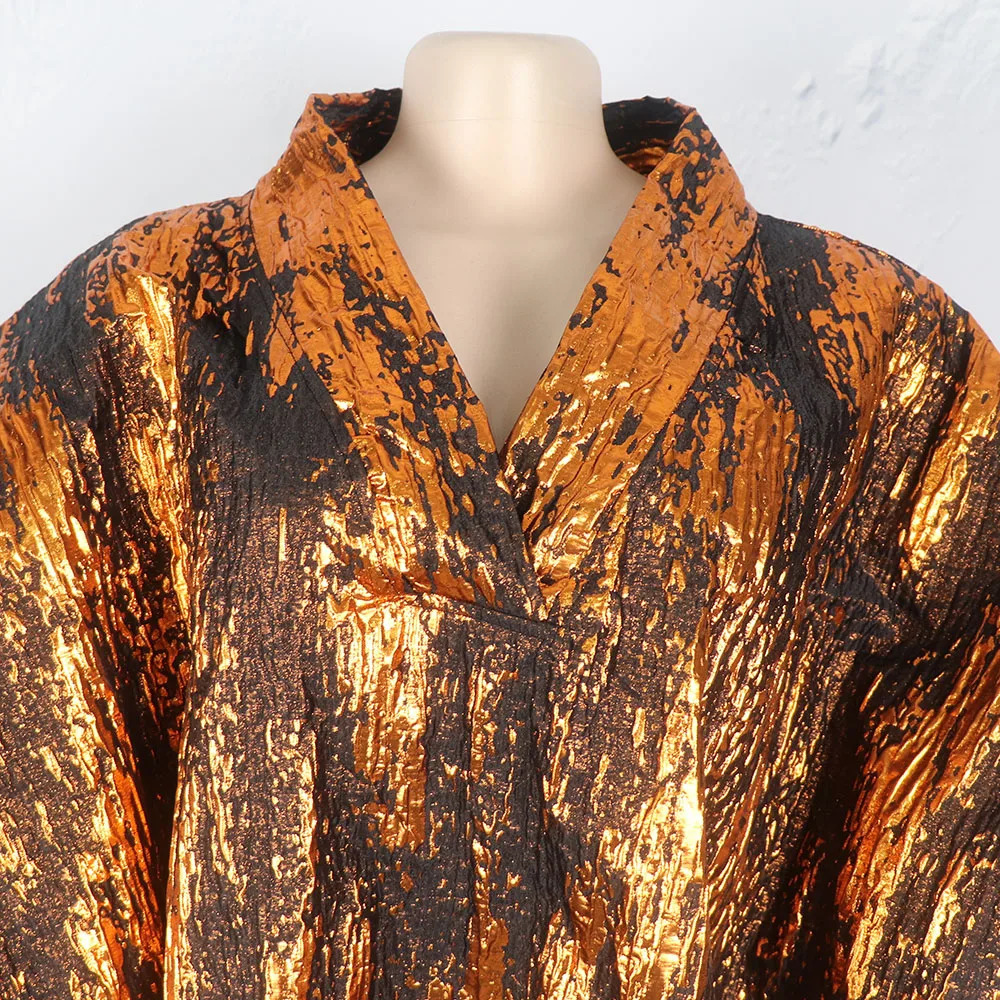 African American mother expensive custom gold jacquard fabric loose dress 250409