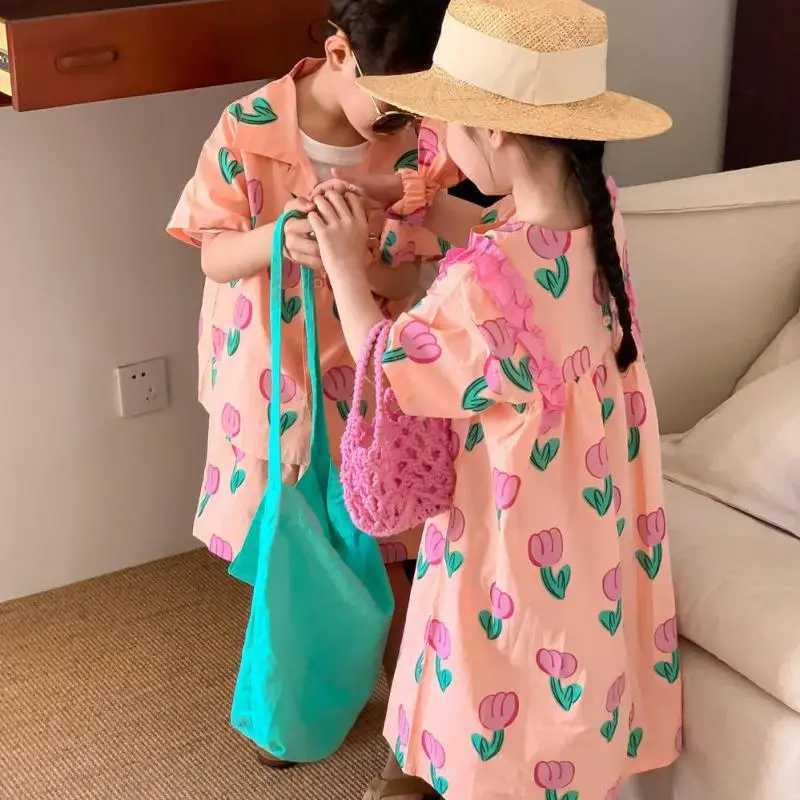 Summer new tulip T-shirt and short sleeved boys comfortable home suit set girls baby sweet pine flower version boutique dress S2548