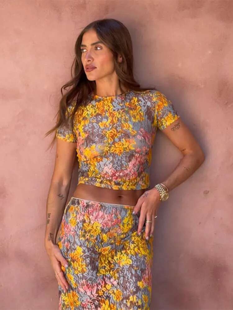 Women Sexy Lace Printed See Through Vest Sets Fashion High Waist Slim Fit Long Skirt Set Lady Spring New Beach Party Outfit 2025