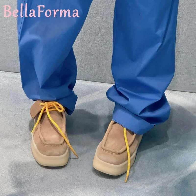 Women's Thick-Soled Square Toe Ankle Boots Warm Comfortable Color Matching Laces Simple Preppy Style Casual Retro Oxford Shoes