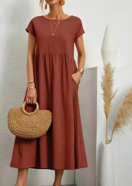 Womens retro solid dress summer elegant Oneck short sleeved cotton linen womens casual loose sun skirt long 250409
