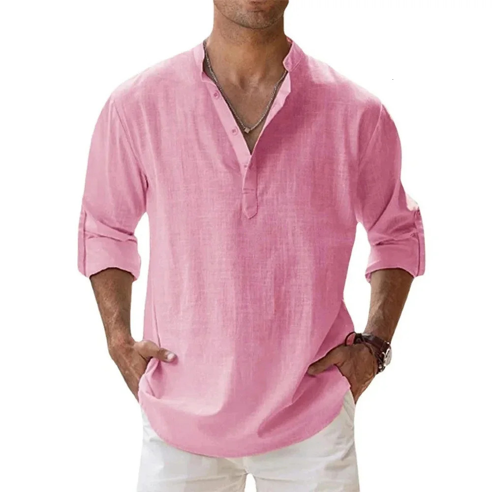 Cotton Linen Mens Short-Sleeved Shirts Summer Solid Color Henley Collar Casual Beach Style Hawaiian Vacation 250409