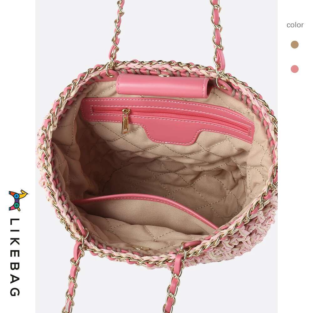 LIKEBAG 2024 New Travel Holiday Beach Straw Fashion Color Contrast Hollow Design Braided Bag Delicate Metal Chain Shoulder W