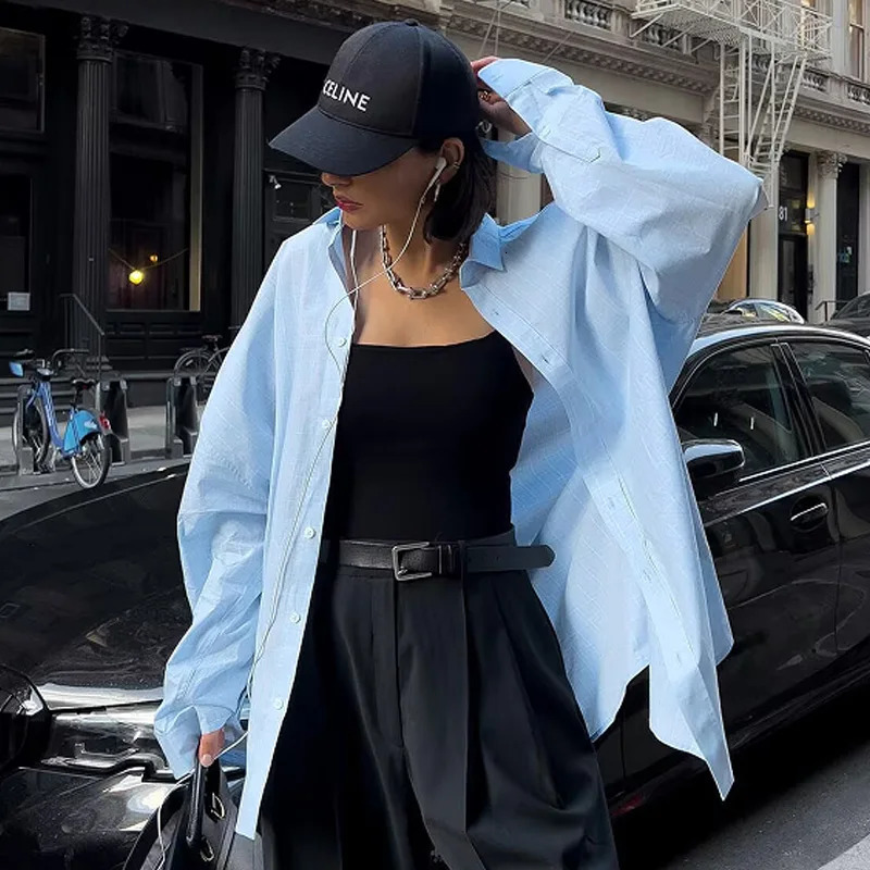 TRAF Women Shirts Blouses Spring Summer 2025 Blue Oversized Shirt Button Up Long Sleeve Blouses Chic Casual Tops Shirts 250408