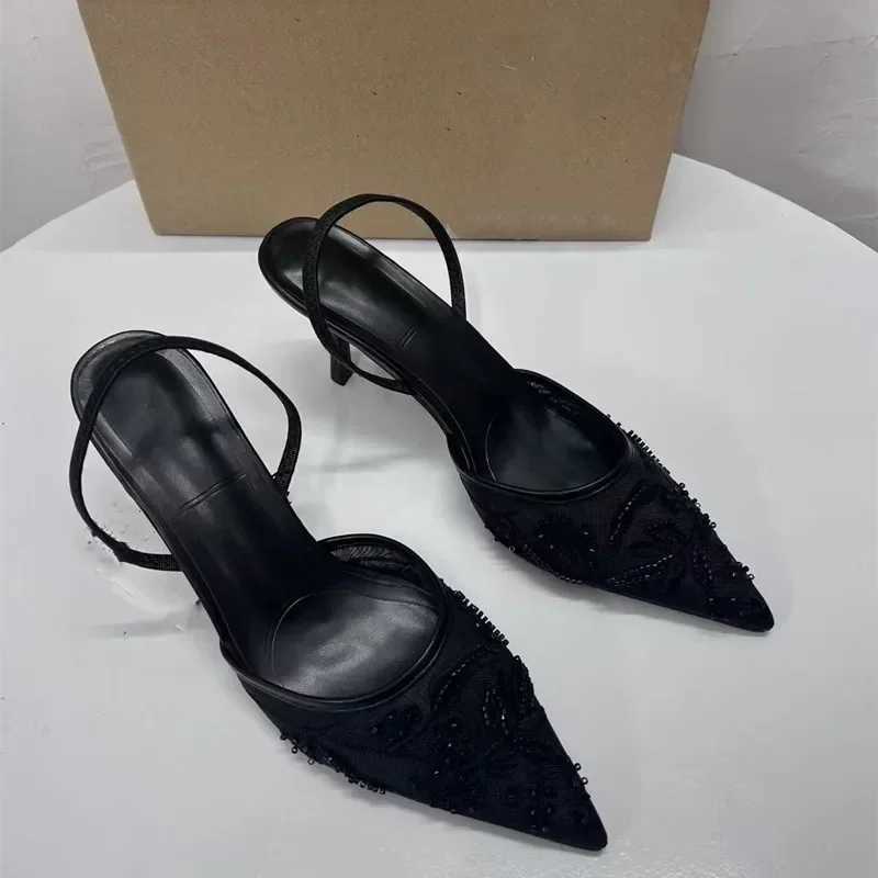 New Arrival 2025 New Black Womens Embroidered Mesh Open High Heels Fashion Printed Stiletto High Heels Womens High Heels Pump Sexy Point Sandals T2504