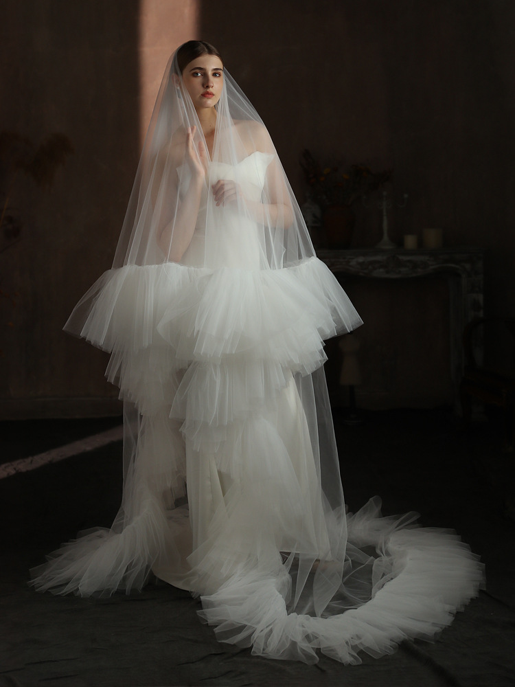 Elegant Wedding Veil Two Layer Long Cathedral Veils Ruffles Ruched Edge Handmade Tulle Customized Bridal Accessories