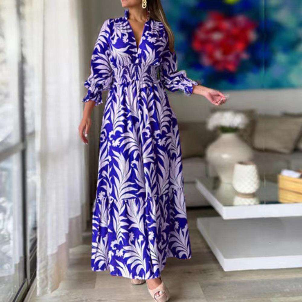 2025 Autumn Winter New from Waist-Cinching Pullover Bohemian Print Long Sleeve Flared Dress
