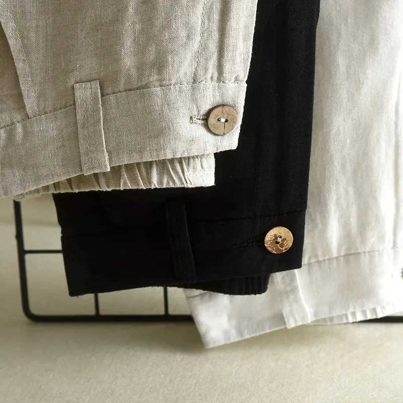 Womens cotton linen straight pants elastic high waist wide leg pants Fe spring summer solid color loose linen pantsXJ250403