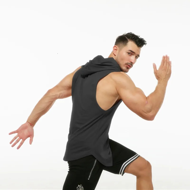 Fitness solid color 100% pure cotton vest mens fitness sports sleeveless hooded sweatshirt exercise Tshirt 250409