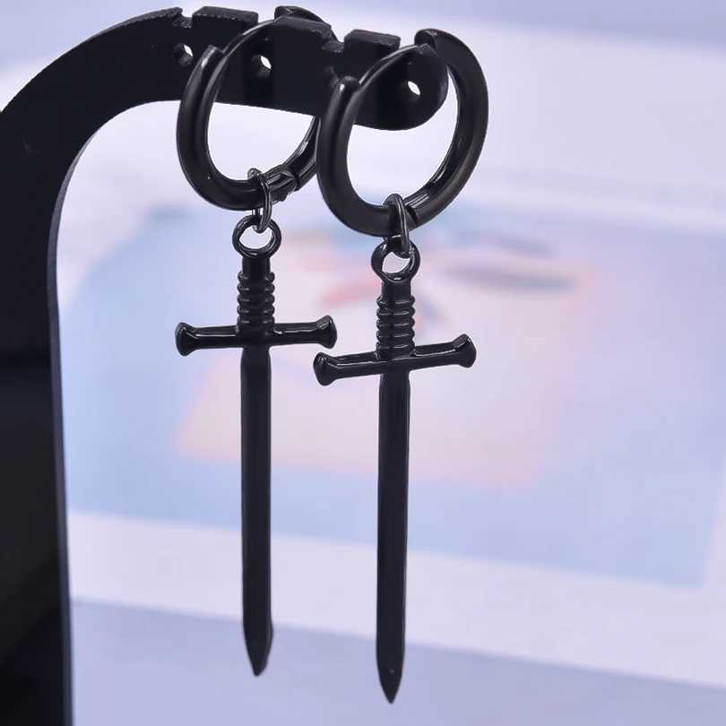 New All Black Hoop Sword Pointed Cone Pendant Earring Stainless Steel Earrings For Women Men Accessories Goth Steampunk Jewelry Z250408