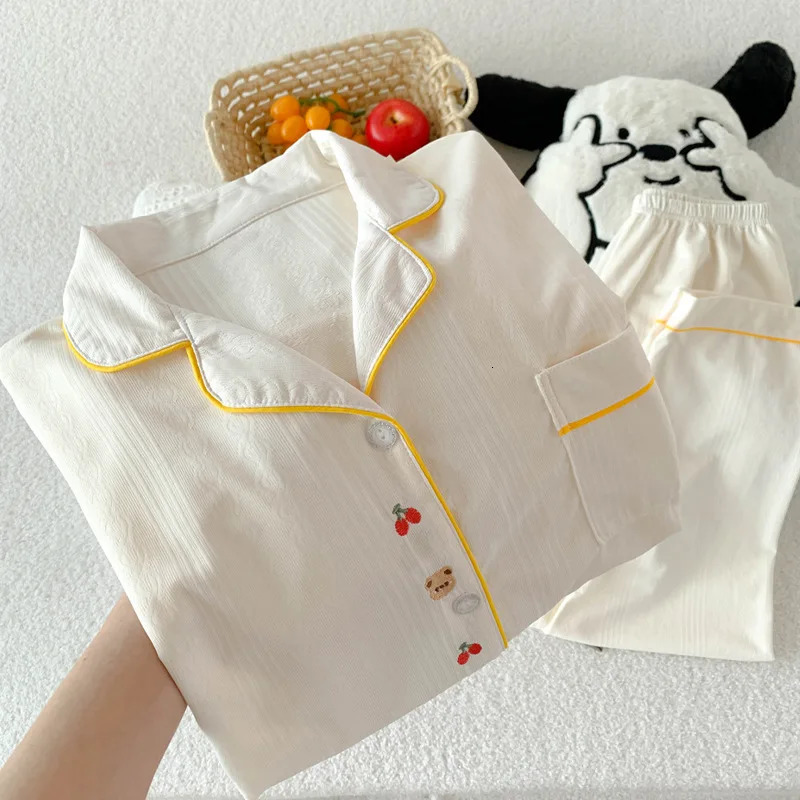 SpringSummer Womens Korean ed Cartoon Solid Color Jacquard Pajamas Girls Long Sleeve Casual 250409