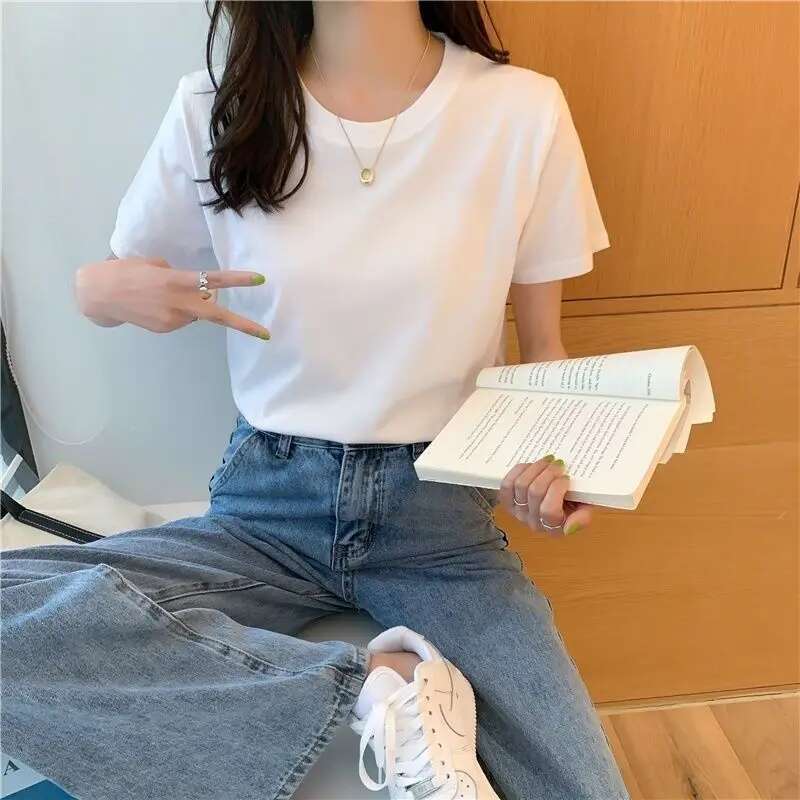 Solid Women Short Sleeve T Shirt Cotton O Neck Loose Black White Basic Thin Tops Fashion Haruku Casual Outer Wear T-Shirts
