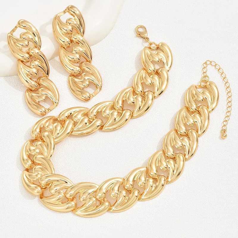 2PCS set large Cuban chain earrings necklace set gold short and chubby chain necklace retro necklace Y250408