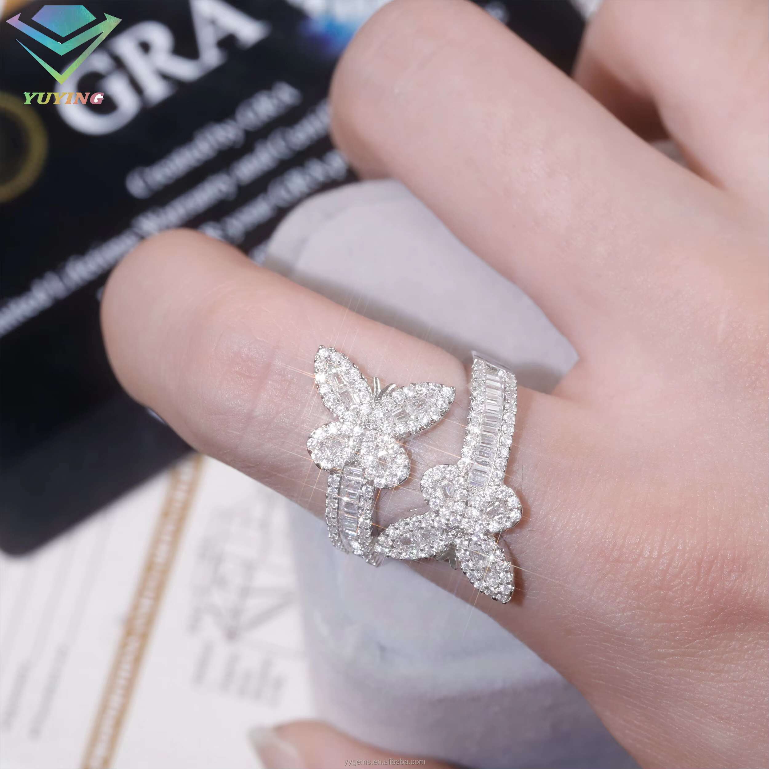 Yu Ying Hip Hop Butterfly Ring Fine Jewelry S925 SIlver 18k Gold Plated VVS Baguette Moissanite Butterfly Cuban Ring for Man