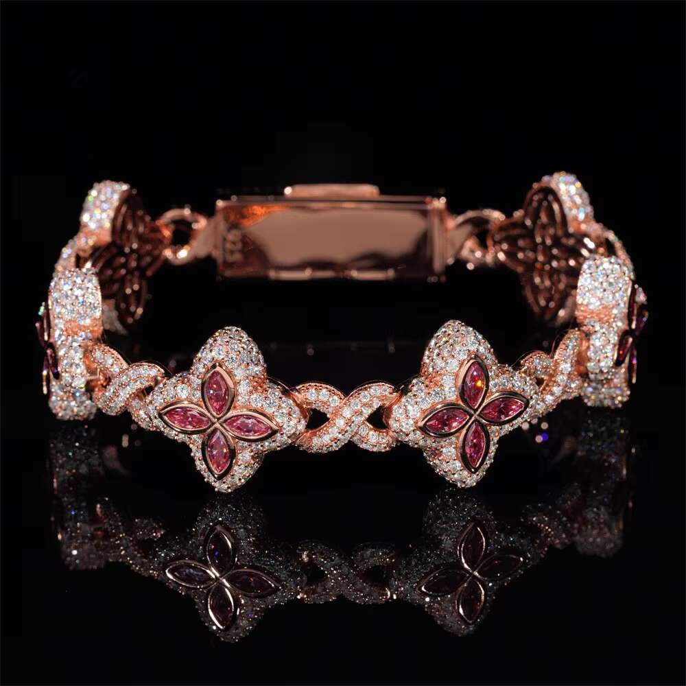 DE Hip Hop Iced Out Colorful Moissanite Clover Cuban Chain Clover Moissanite Cuban Bracelet 925 Silver Hip Hop Clover Bracelets