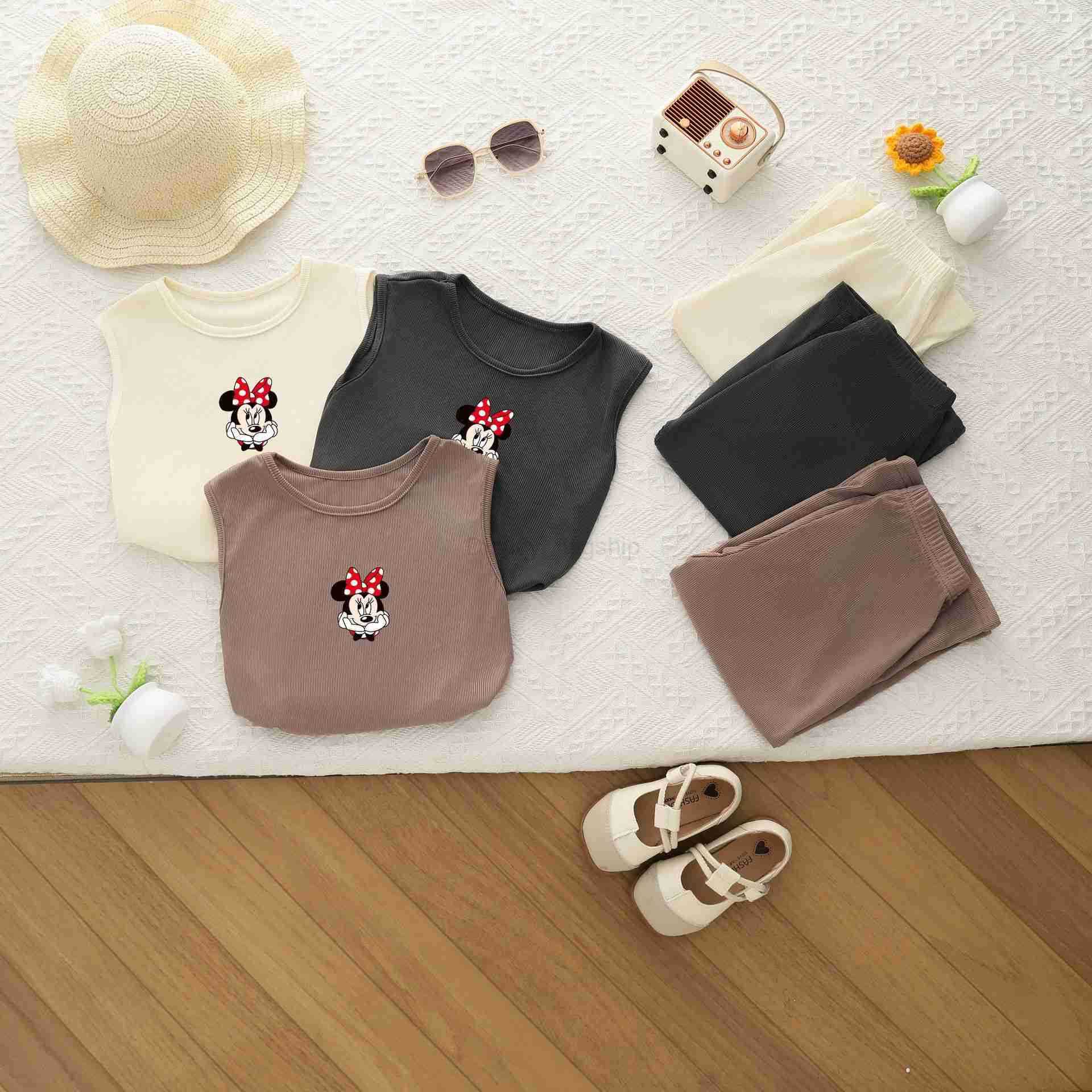 Disney Childrens Cartoon 2025 Summer New Sleeveless Ice Silk Set Tank Top Loose and Comfortable Two Piece Set for Girls SummerXJ250409