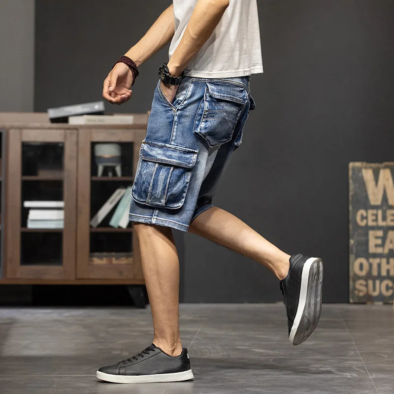 Multi pocket five point denim shorts mens loose oversized crop plus summer thin street cargo 44 250409