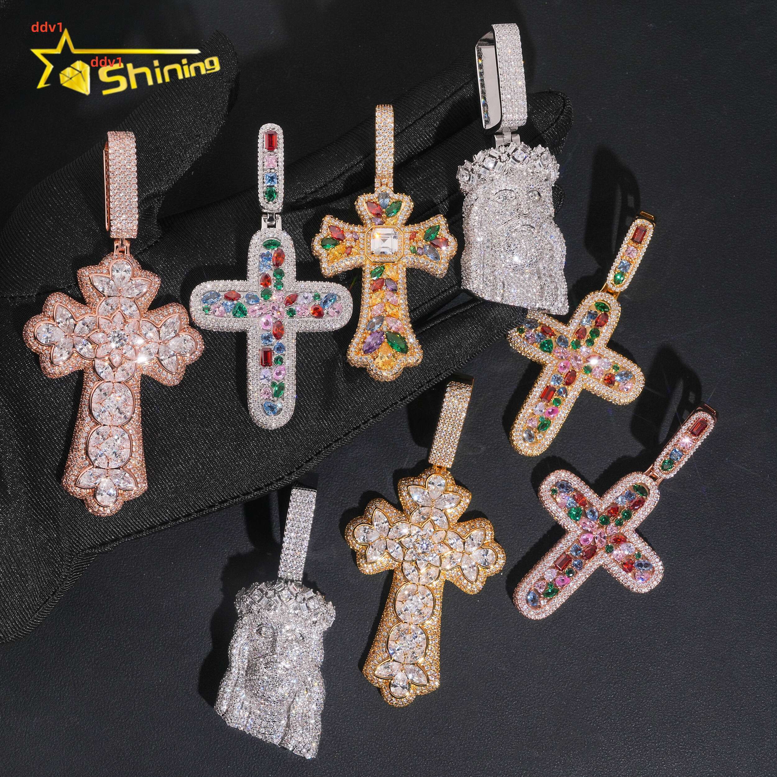 Fashion Pendants Charms Collection Hip Hop Jewelry Brass Iced Out Colored Moissanite Cross Pendant Men Women Brass Jesus Pendant