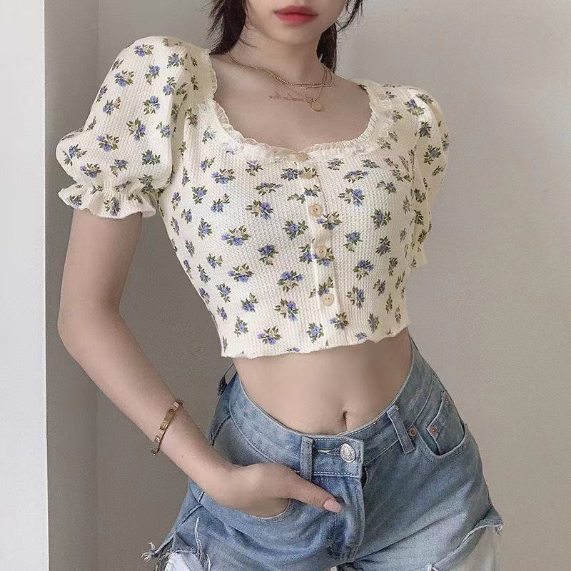 2025S Designer Women S T Shirt Summer American Style Floral Waffle Checkered Short T Shirt For Women S Collar Bubble Sleeves Exposed Belly Button Top 