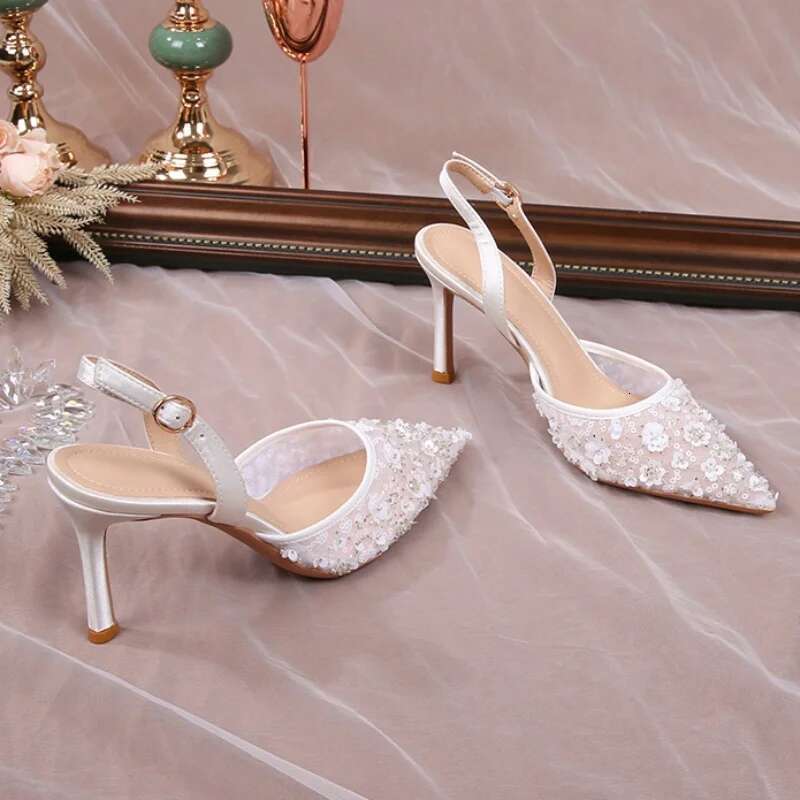 2025 Summer Lace Beaded Wedding Shoes Back Strap High Bridesmaid Sandals For Women French Party Heels