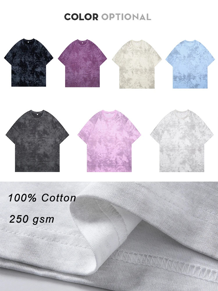 250GSM summer tie dye T-shirt mens street retro pure cotton top Y2K T-shirt short sleeved oversized T-shirt 250402