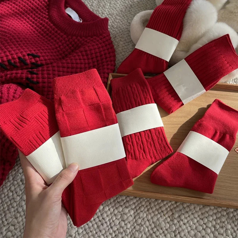 Years Socks For Women Winter Casual Red Casual Warm Socks Female Breathable Solid Color Fashion Crew Socks Simple 250409