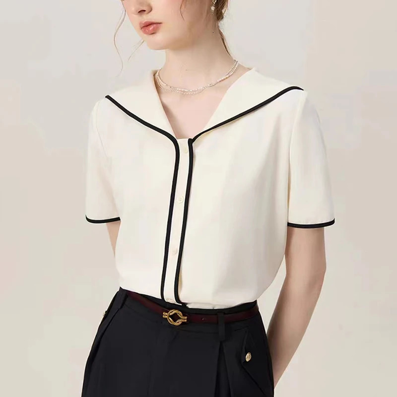 Summer Fashion Short Sleeve Sailor Neck Womens Shirt Solid Casual Top Camisas De Mujer Blusas N489 250409
