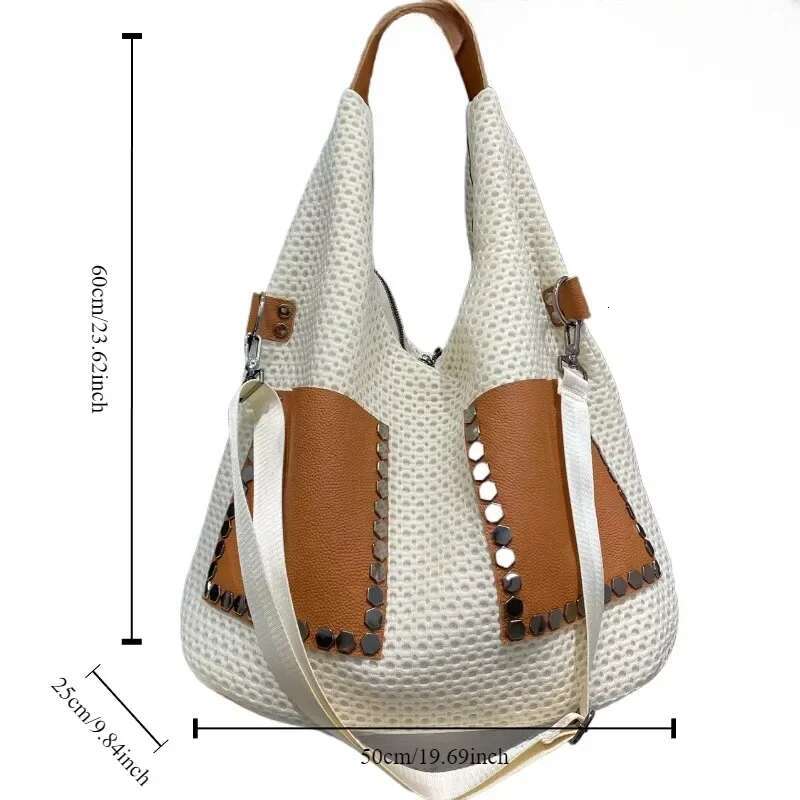 Women's Fashionable Retro Mesh Patchwork Cowhide Tote With Large Capacity Single Shoulder Crossbody Carrying Bag
