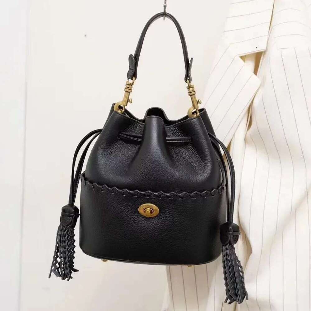 New Classic String Close Fortune Lucky Tassel Design Blue Color 100% T Cowhide Leather Women Shoulder Bag Handbag