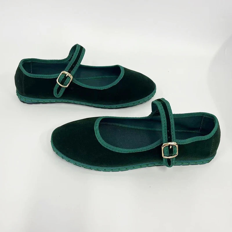 Flannel Flats Women Shoes Hand Stitch Mary Janes Ballet Casual Shoes Ladies Elegant Buckle Closure Velvet Loafers Dark Green 250402