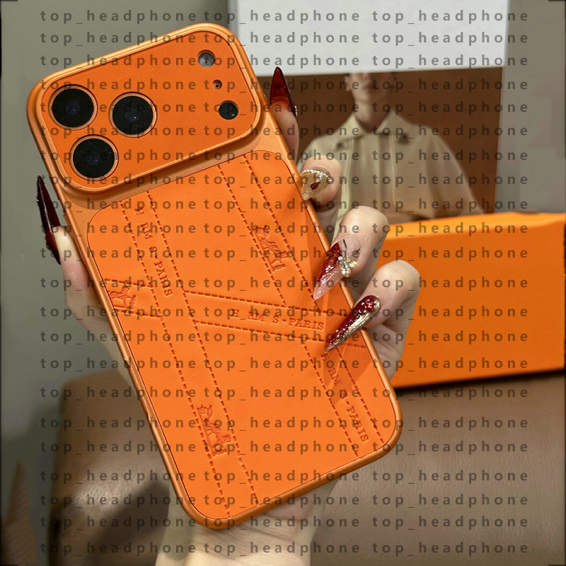 Luxury iPhone Case for iPhone 17 Pro Max with Box 17 Pro 16 15 14 13 Orange Designer Phone Case Top Embossed Leather Good Grip Shockproof HH Phone Cover for Women Men Gift