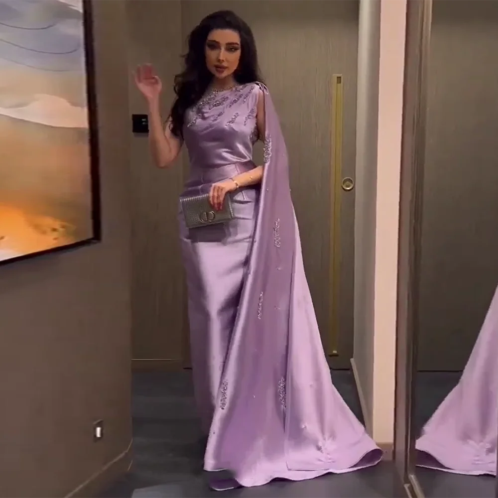 Arabic One Shoulder Dubai Evening Dress with Cape Ankle Length Women Prom Dress Guest Party Gown Plus Size For Special Occasion Vestido De Noite